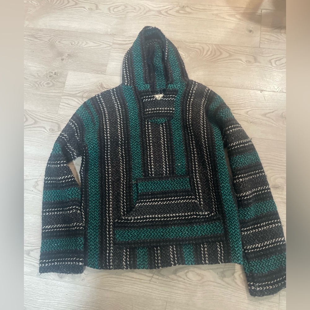 BAJA JOE brand hoodie, teal black, gray and white. Drug Rug 90’s Large EUC
